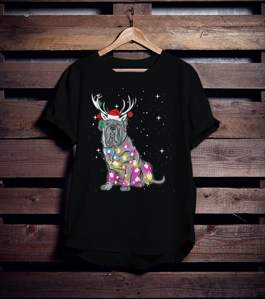 Neapolitan Mastiff With Christmas Lights And Santa Hat In Snowy Night T-Shirt