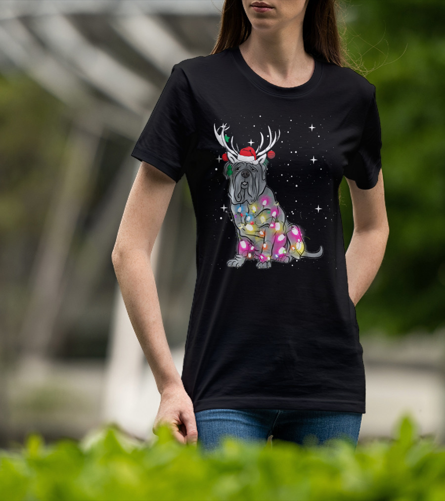 Neapolitan Mastiff With Christmas Lights And Santa Hat In Snowy Night T-Shirt