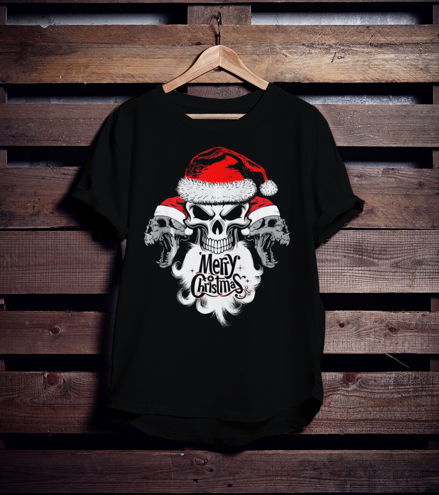 Merry Christmas Funny Skull Santa With Santa Hat And Beards T-Shirt