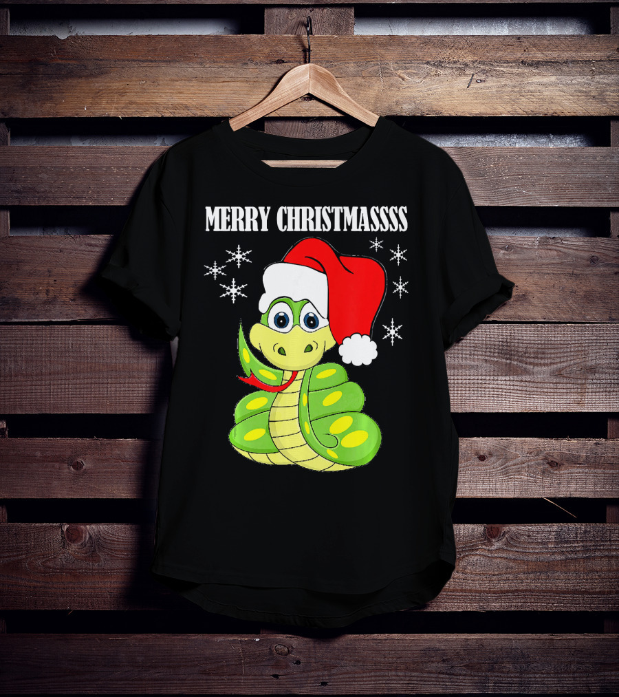 Merry Christmassss Snake Cute Snak Santa Hat Snowflakes T-Shirt