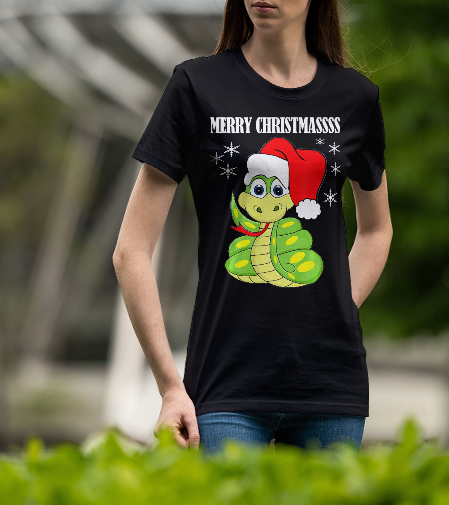 Merry Christmassss Snake Cute Snak Santa Hat Snowflakes T-Shirt