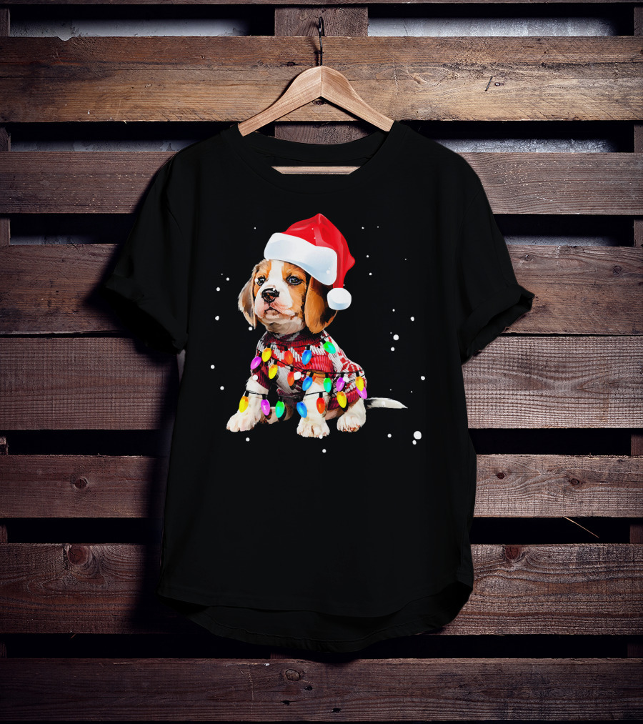 Santa Hat Beagle Wrapped In Christmas Lights T-Shirt