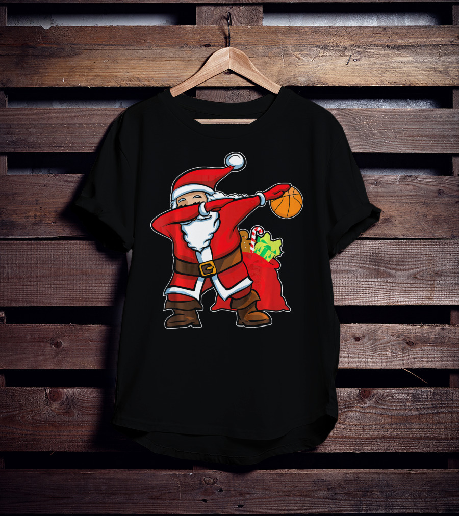 Christmas Dabbing Santa Holding Basketball With Gifts T-Shirt