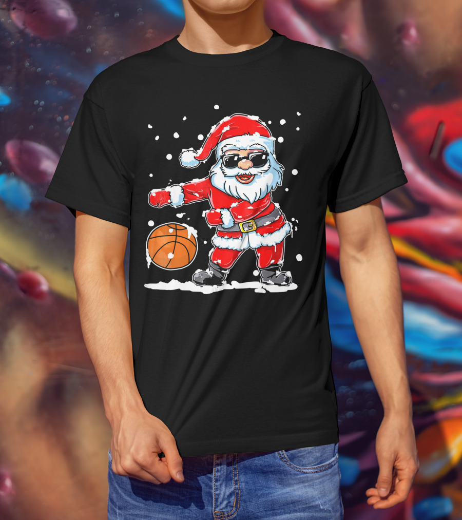 Santa Flossing With Basketball In Snowy Christmas Scene T-Shirt