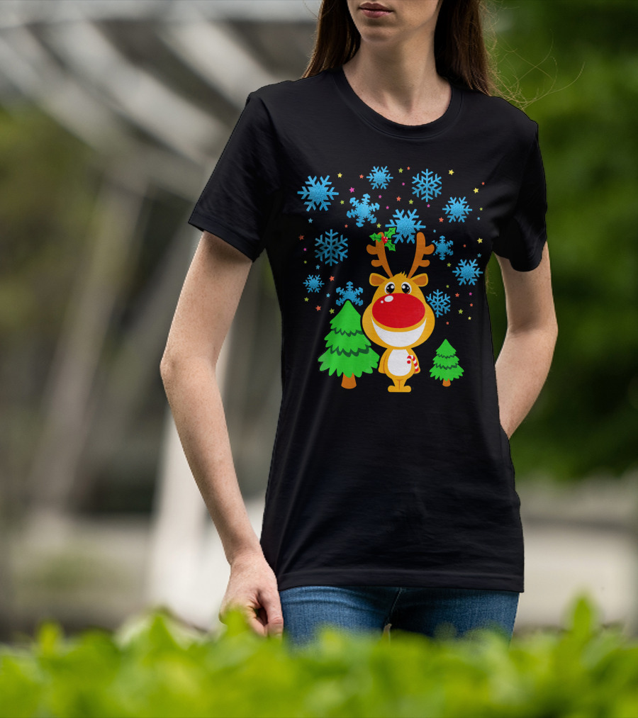 Christmas Reindeer With Snowflakes And Trees Family Matching T-Shirt