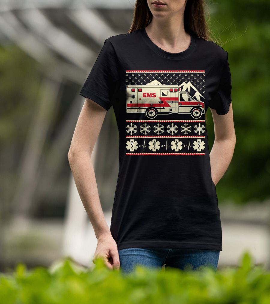 EMS Christmas Ambulance Ugly Sweater Snowflake T-Shirt