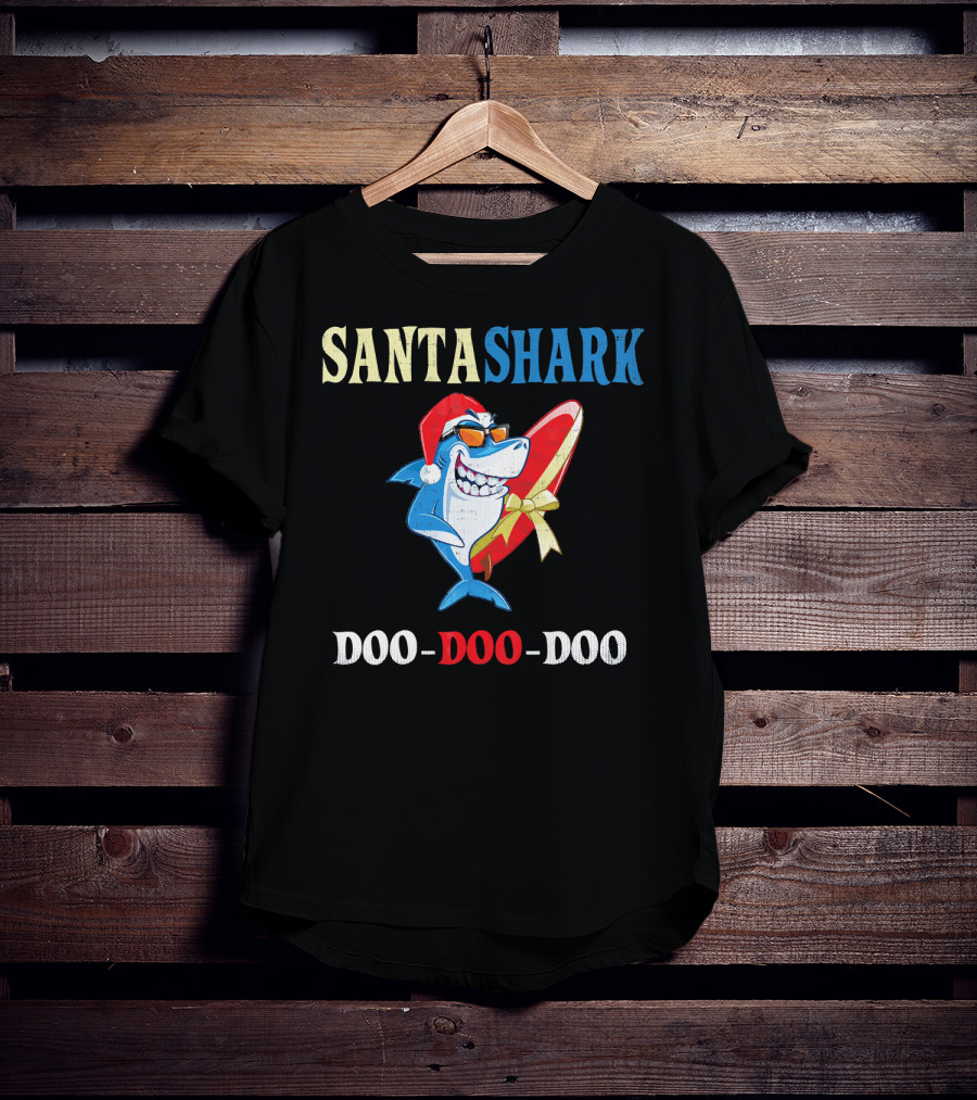Santa Shark Doo-Doo-Doo Surfboard Christmas T-Shirt