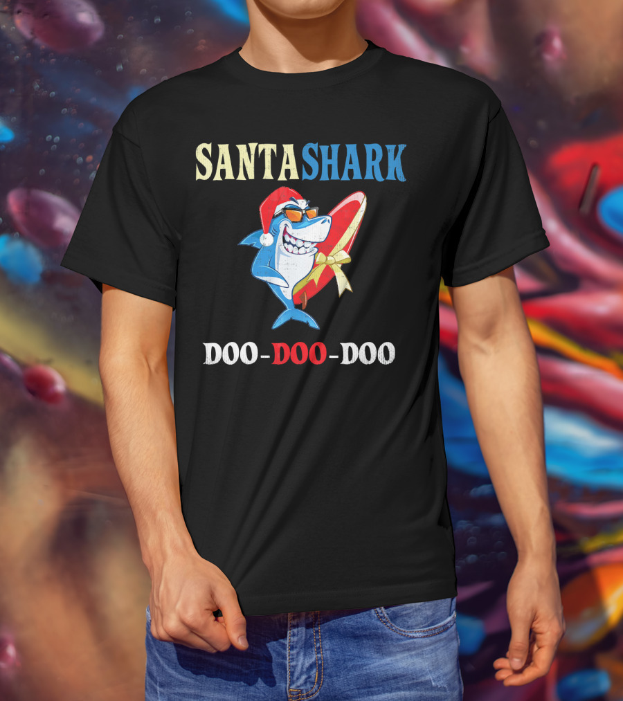 Santa Shark Doo-Doo-Doo Surfboard Christmas T-Shirt