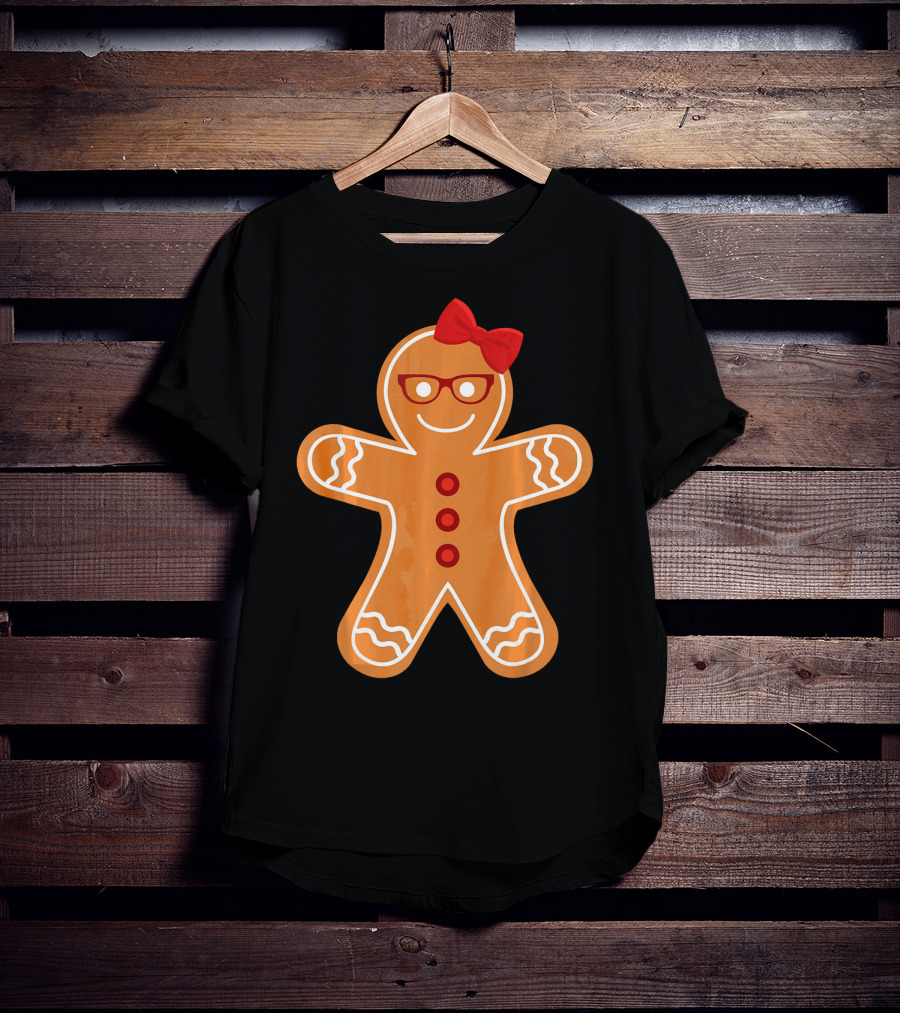 Gingerbread Girl Cookie With Glasses And Red Bow Christmas T-Shirt