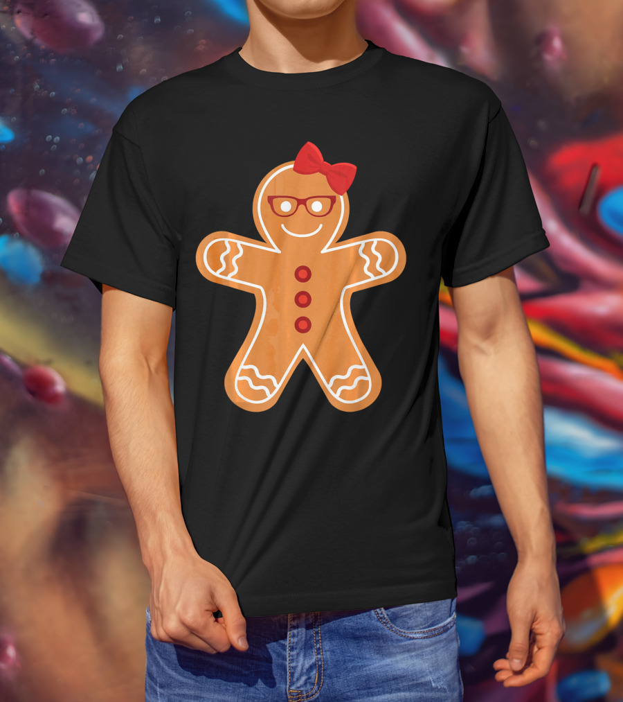 Gingerbread Girl Cookie With Glasses And Red Bow Christmas T-Shirt