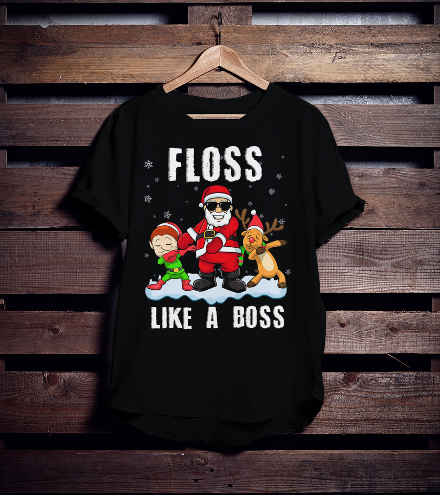 Floss Like A Boss Santa With Elf And Reindeer Dance Funny Christmas T-Shirt