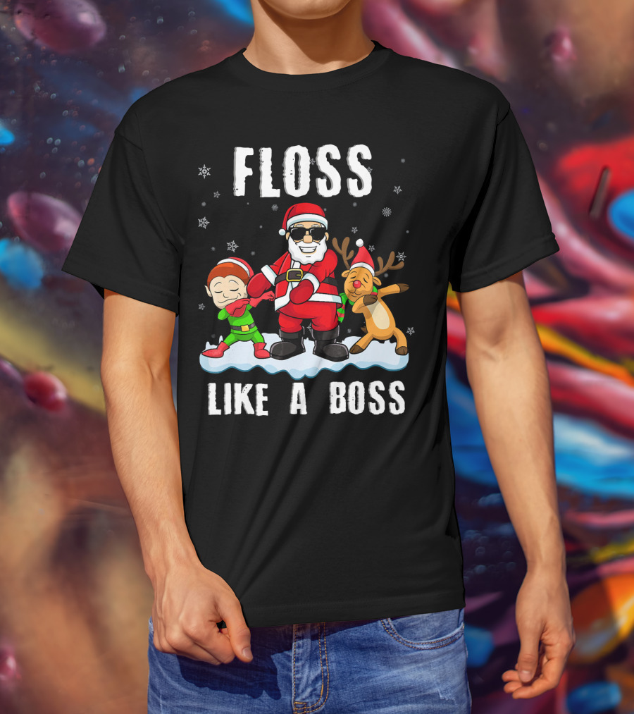 Floss Like A Boss Santa With Elf And Reindeer Dance Funny Christmas T-Shirt