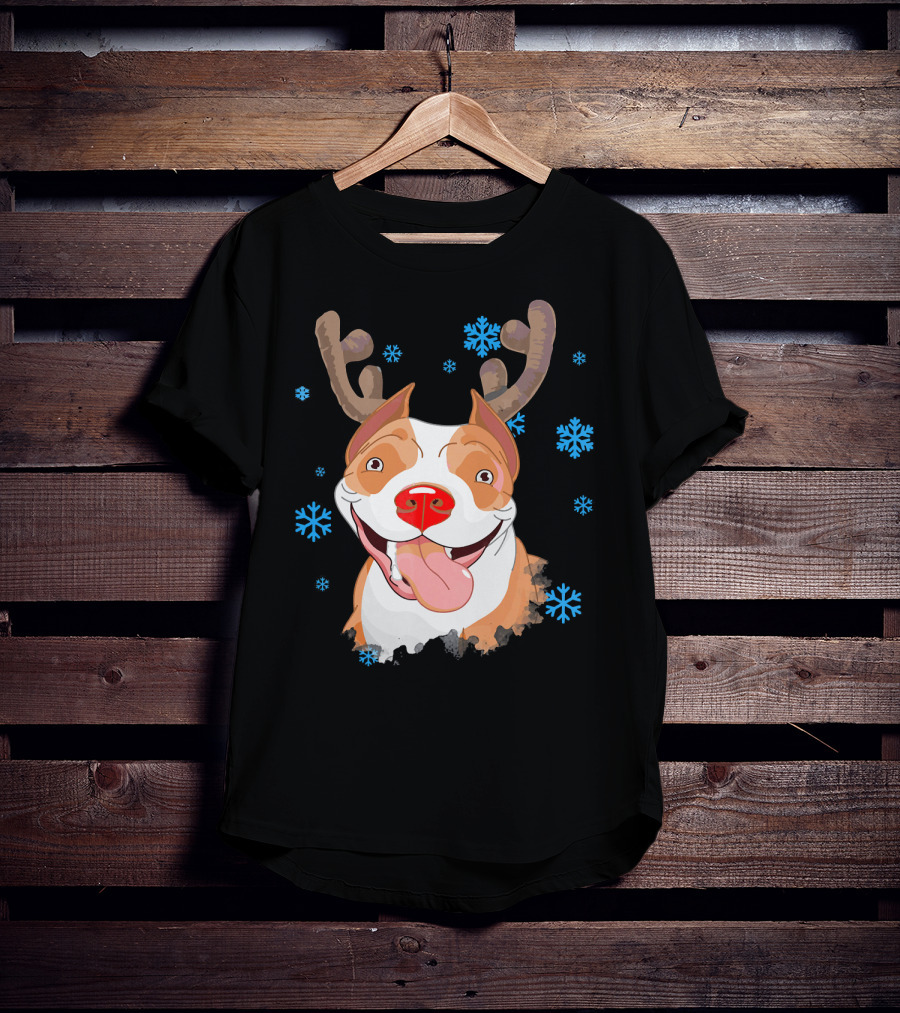 Funny Cutie Pit Bull Reindeer Antlers Snowflakes T-Shirt