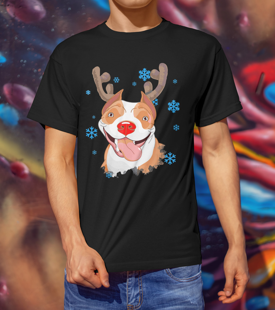 Funny Cutie Pit Bull Reindeer Antlers Snowflakes T-Shirt