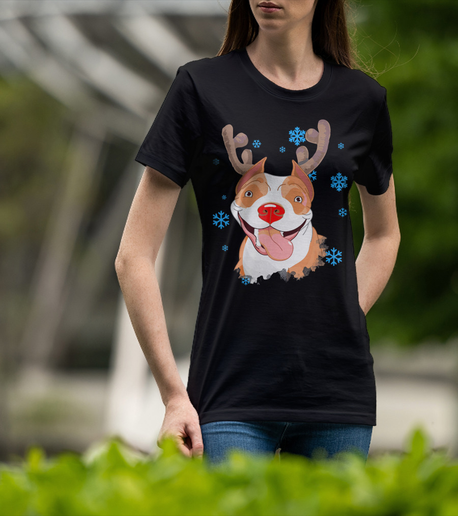 Funny Cutie Pit Bull Reindeer Antlers Snowflakes T-Shirt