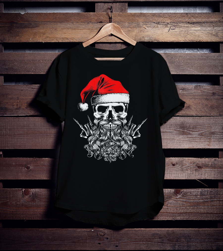 Hail Santa Heavy Metal Skull Red Santa Hat Skeleton Beard T-Shirt
