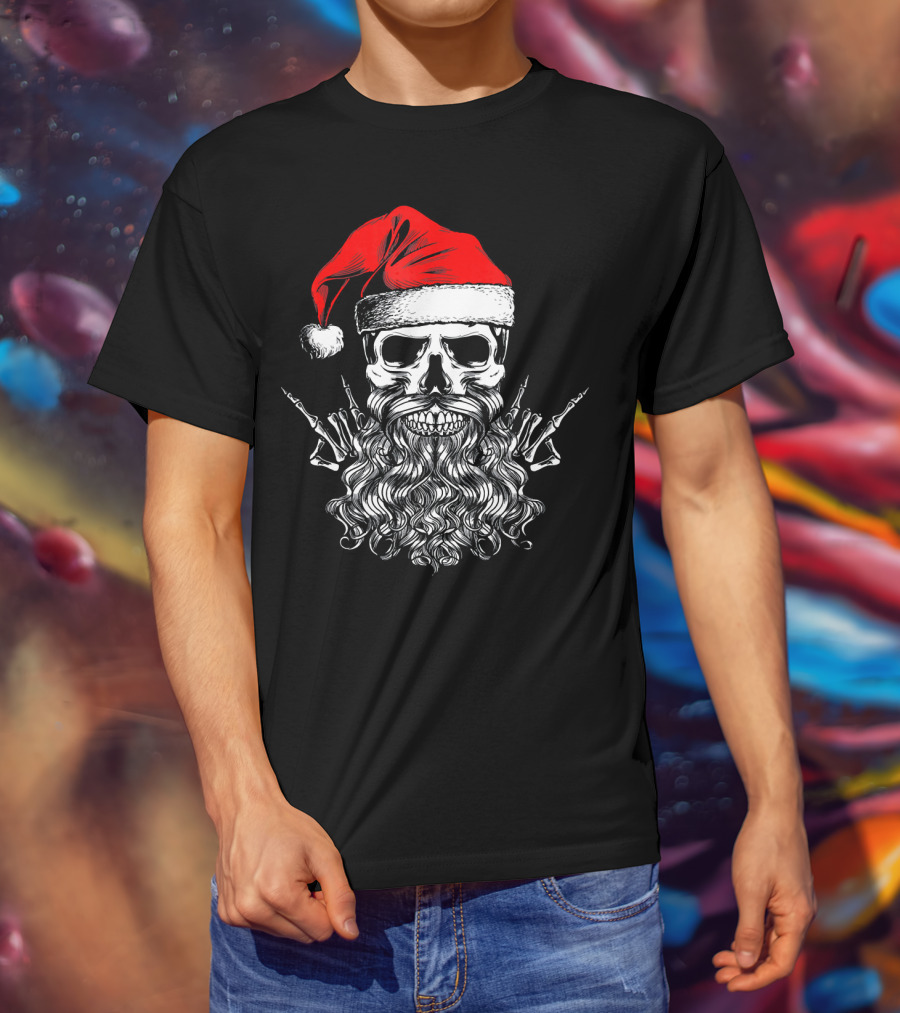 Hail Santa Heavy Metal Skull Red Santa Hat Skeleton Beard T-Shirt