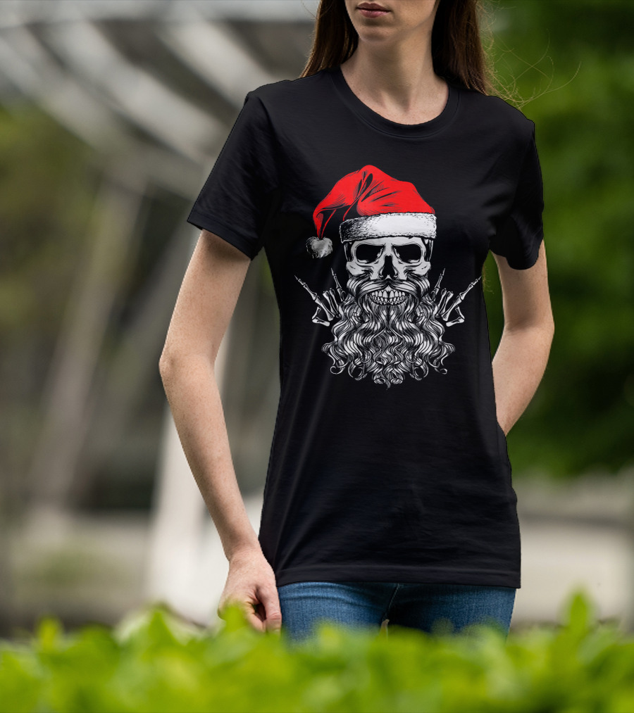 Hail Santa Heavy Metal Skull Red Santa Hat Skeleton Beard T-Shirt