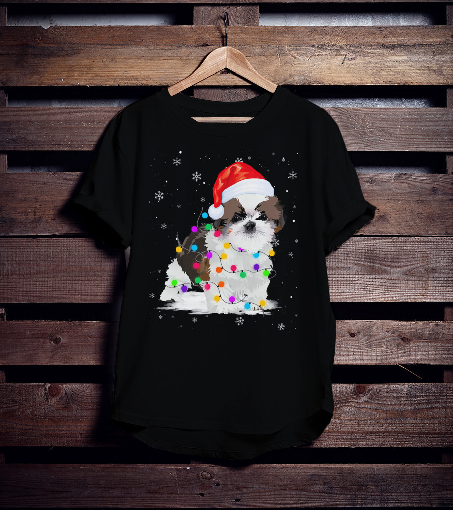 Shih Tzu Santa Hat Christmas Lights Snowflakes T-Shirt
