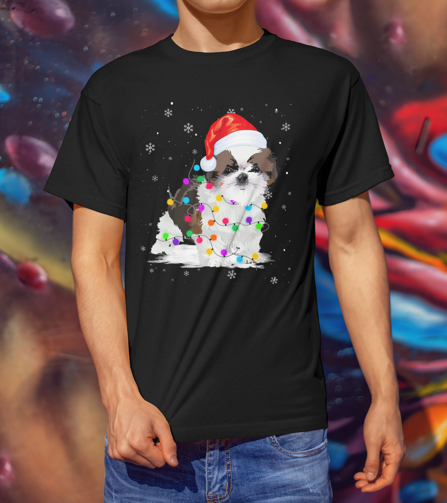 Shih Tzu Santa Hat Christmas Lights Snowflakes T-Shirt