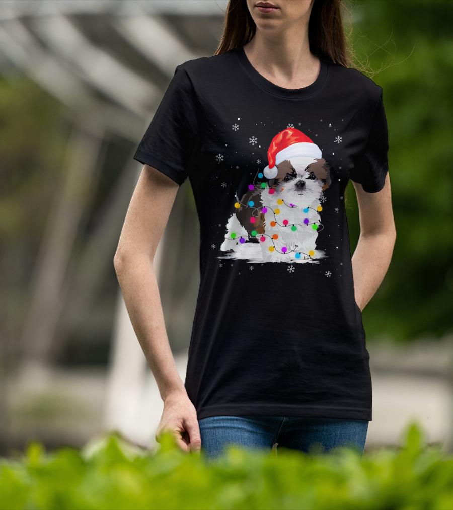 Shih Tzu Santa Hat Christmas Lights Snowflakes T-Shirt