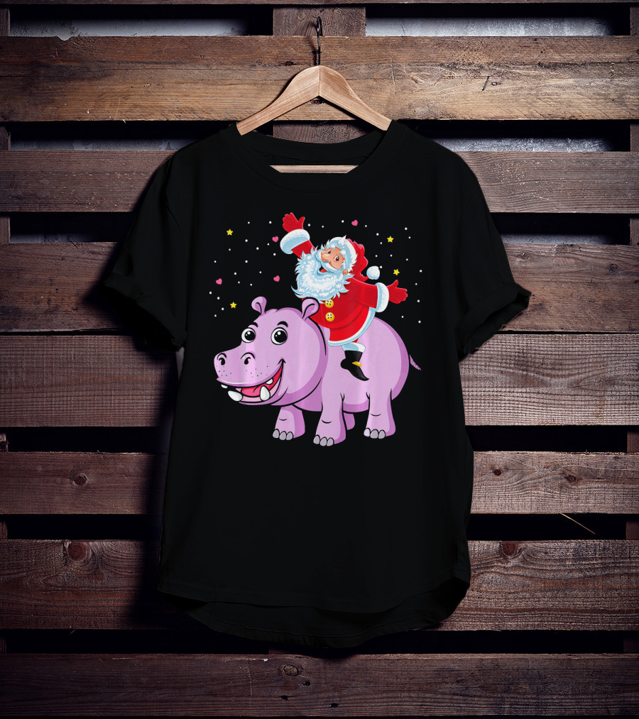 Santa Claus Riding A Happy Hippo Merry Christmas Stars T-Shirt