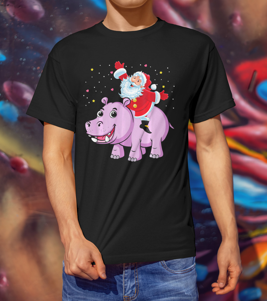 Santa Claus Riding A Happy Hippo Merry Christmas Stars T-Shirt