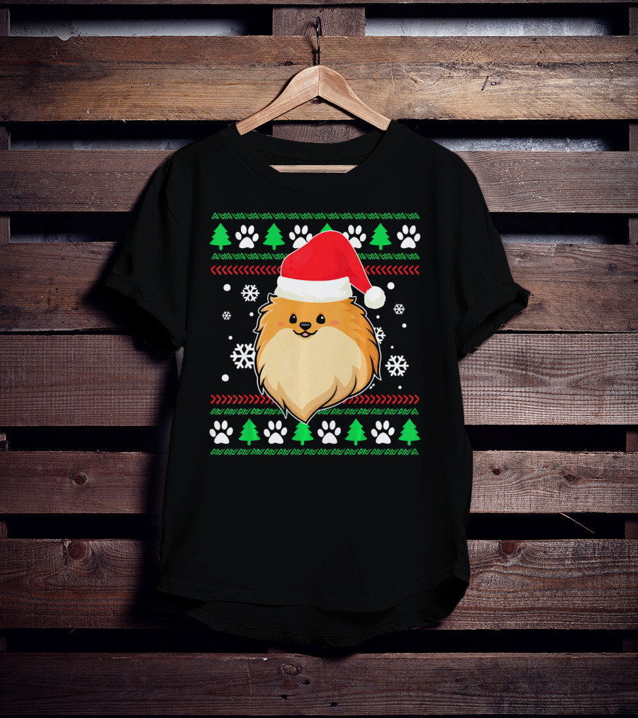Pomeranian Santa Hat Ugly Christmas Sweater Snowflakes Trees Paws T-Shirt