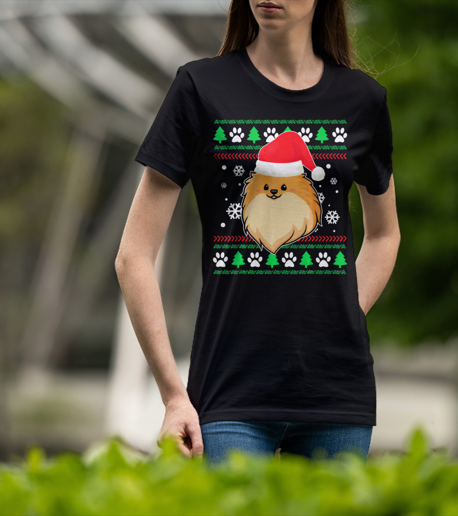 Pomeranian Santa Hat Ugly Christmas Sweater Snowflakes Trees Paws T-Shirt