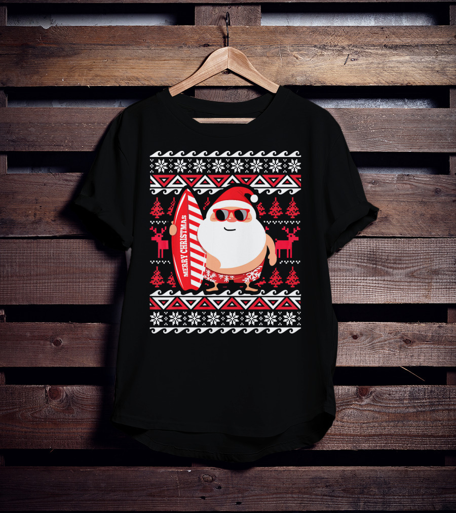 Surfing Santa Claus Merry Christmas Hawaii Red Reindeer Snowflakes T-Shirt