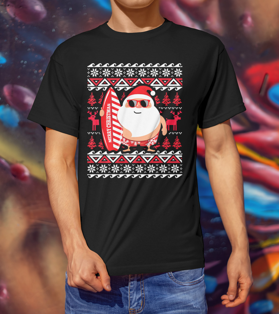 Surfing Santa Claus Merry Christmas Hawaii Red Reindeer Snowflakes T-Shirt