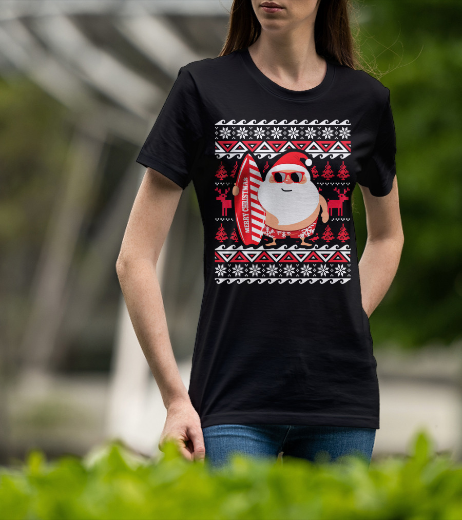 Surfing Santa Claus Merry Christmas Hawaii Red Reindeer Snowflakes T-Shirt
