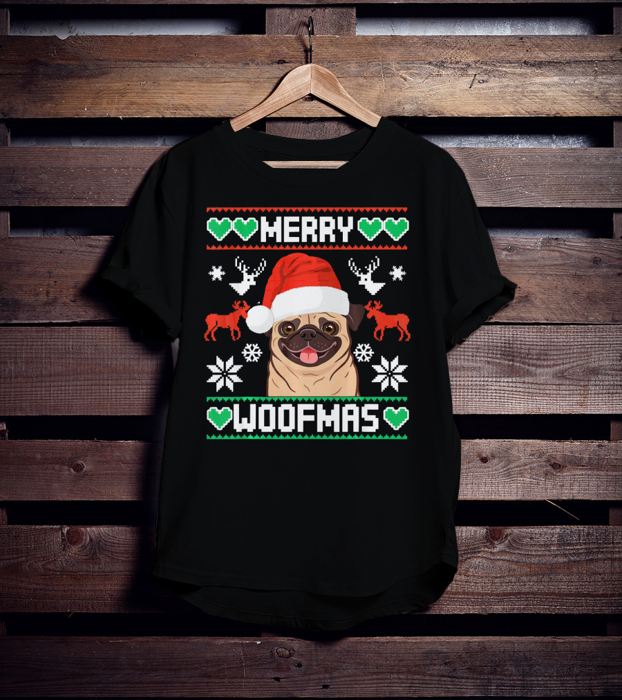 Merry Woofmas Christmas Xmas Santa Claus Dog Reindeer Pug In Santa Hat With Snowflakes And Green Hearts T-Shirt