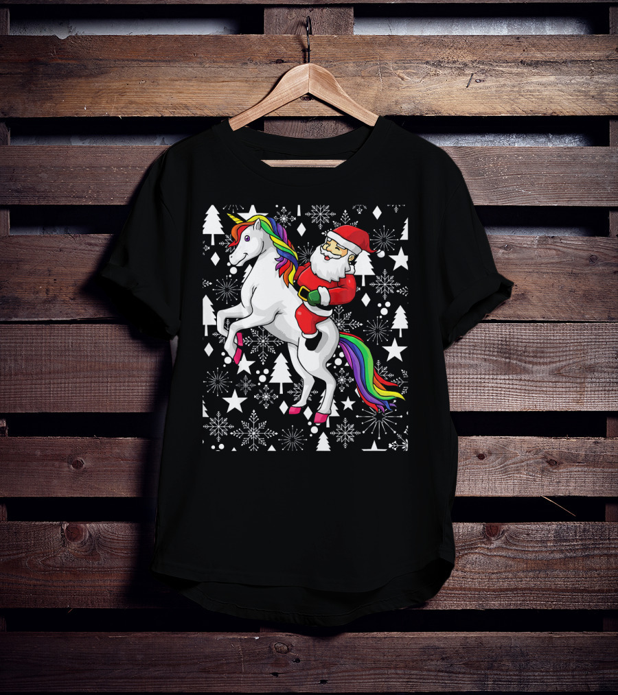 Santa Claus Riding A Unicorn Ugly Christmas Sweater With Stars And Snowflakes T-Shirt