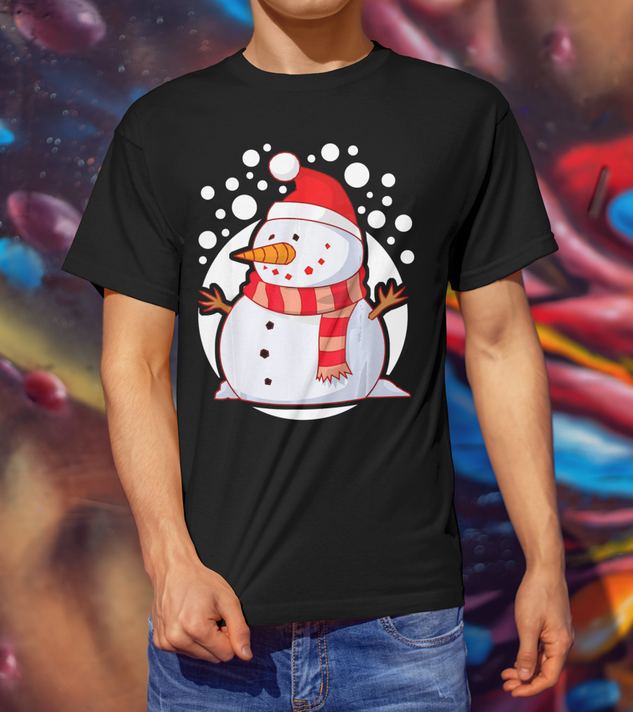 Winter Christmas Santa Snowman In Red Scarf And Hat T-Shirt