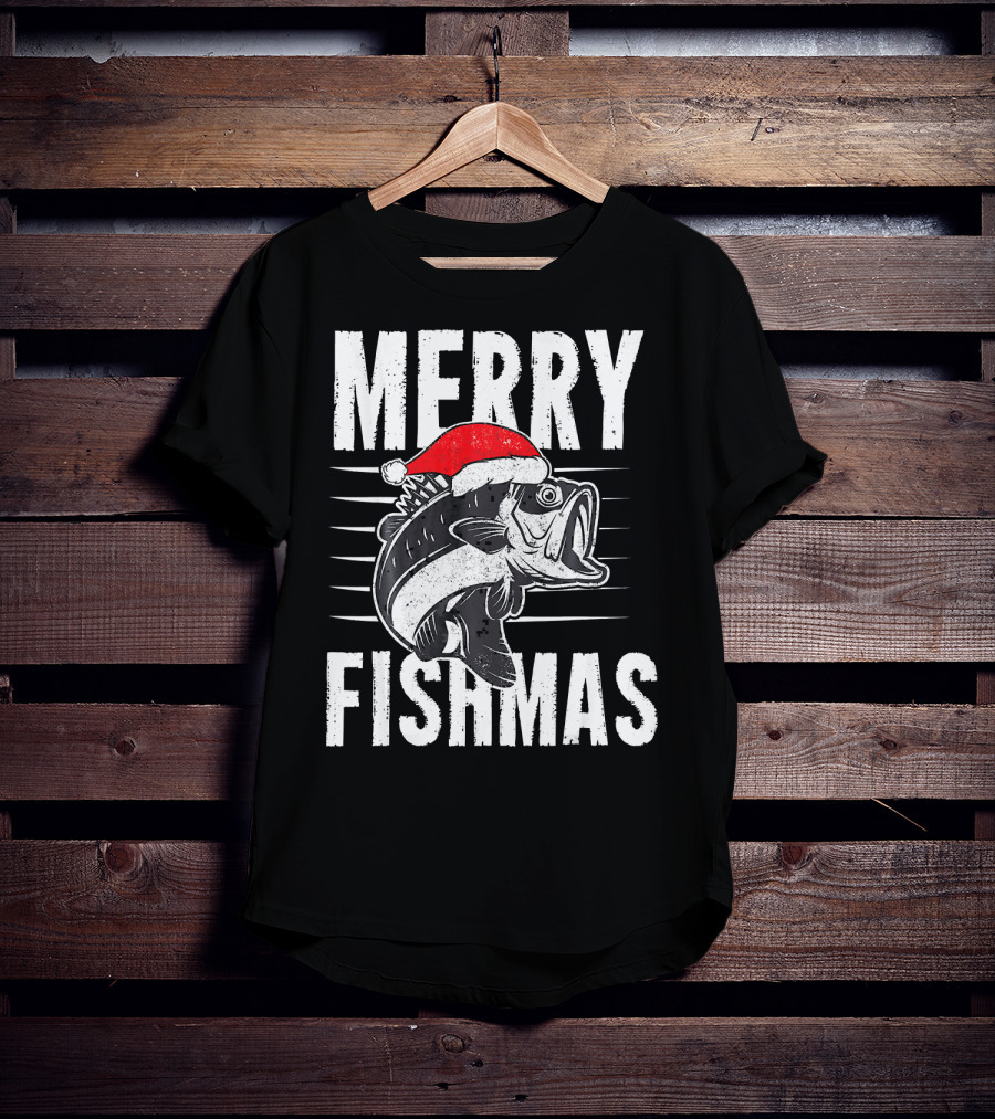 Merry Fishmas Funny Christmas Fishing Santa Hat Fish T-Shirt