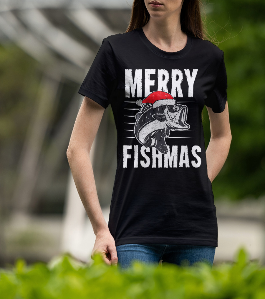 Merry Fishmas Funny Christmas Fishing Santa Hat Fish T-Shirt