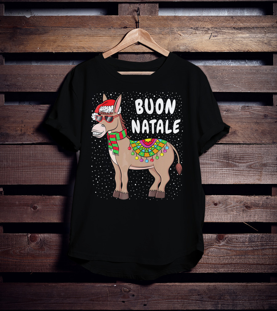 Buon Natale Christmas Donkey With Santa Hat And Colorful Lights T-Shirt