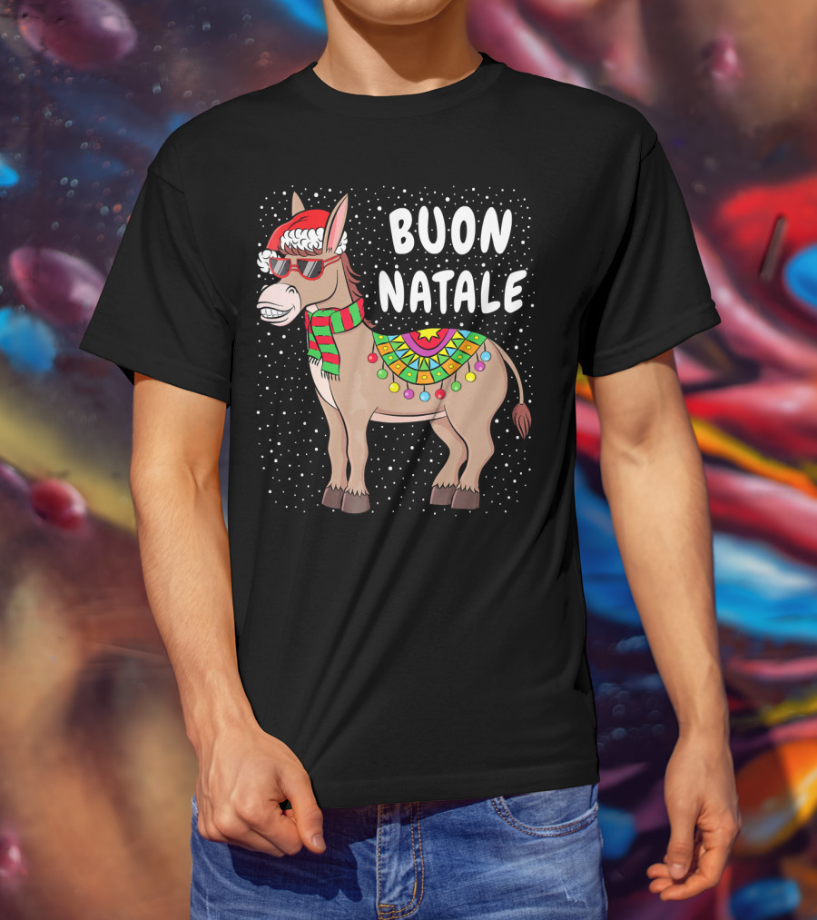 Buon Natale Christmas Donkey With Santa Hat And Colorful Lights T-Shirt