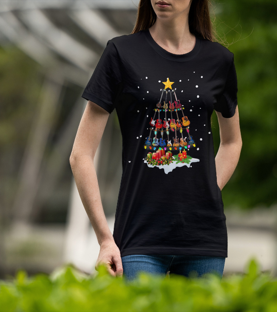 Guitar Christmas Tree Holiday Lights Snowflakes Star Candles T-Shirt