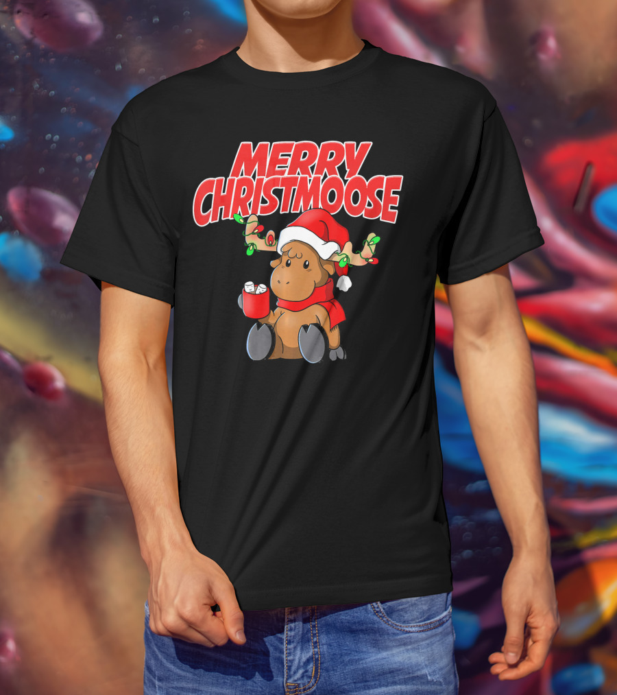 Merry Christmoose Funny Holiday Pun Moose With Santa Hat And Hot Cocoa T-Shirt