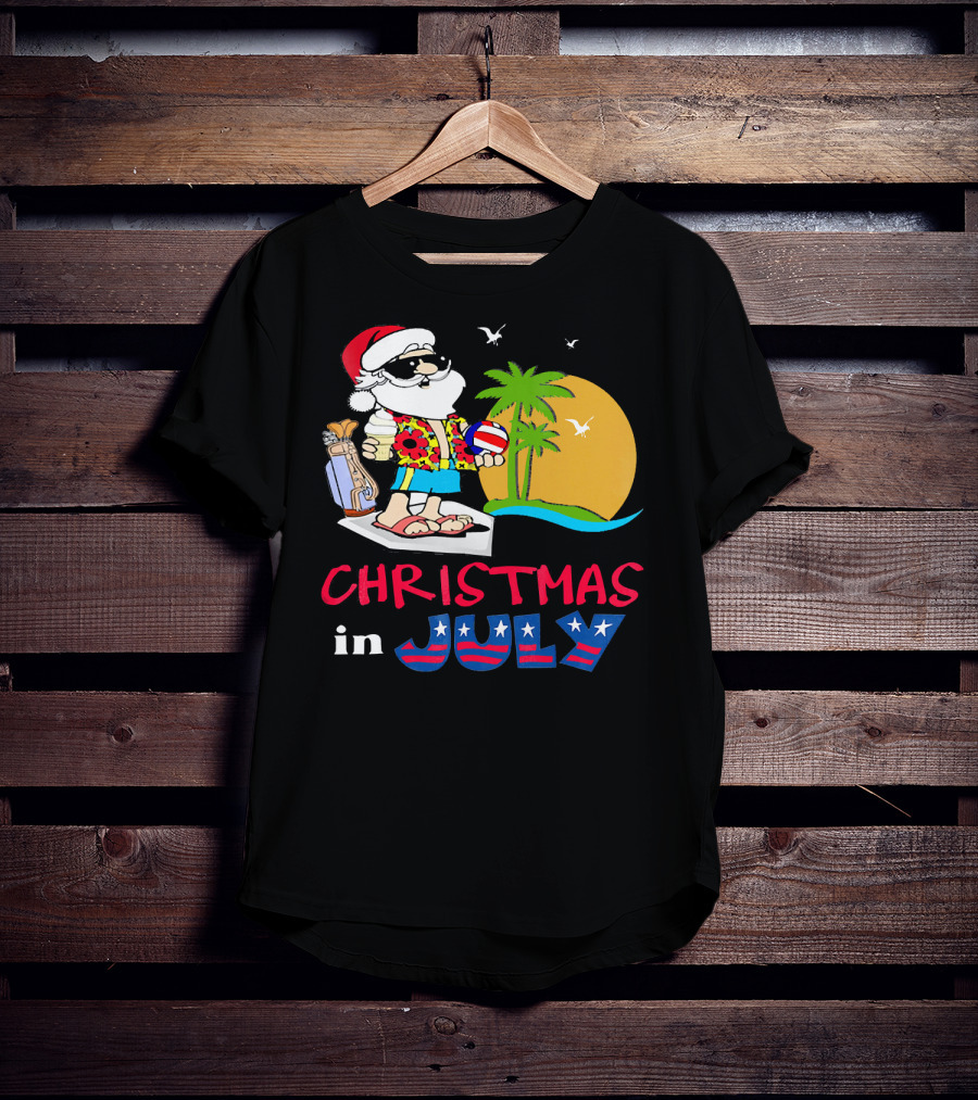 Christmas In July Funny Santa Summer Golf Sun And Palm Trees T-Shirt