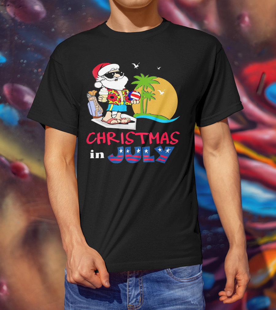 Christmas In July Funny Santa Summer Golf Sun And Palm Trees T-Shirt