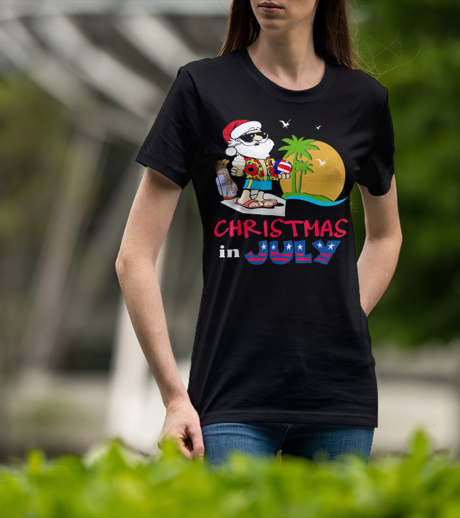 Christmas In July Funny Santa Summer Golf Sun And Palm Trees T-Shirt