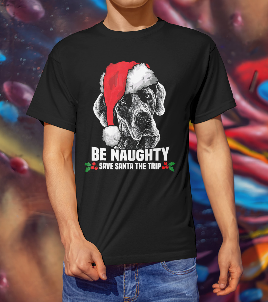 Be Naughty Save Santa The Trip Great Dane Santa Hat T-Shirt