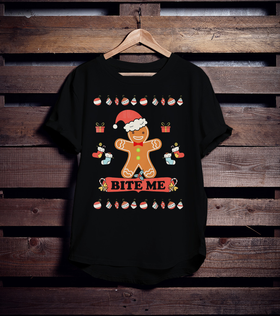 Ugly Christmas Bite Me Gingerbread Santa Hat Ornaments Stockings Gifts T-Shirt