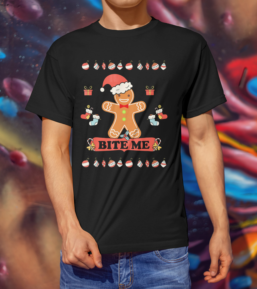 Ugly Christmas Bite Me Gingerbread Santa Hat Ornaments Stockings Gifts T-Shirt