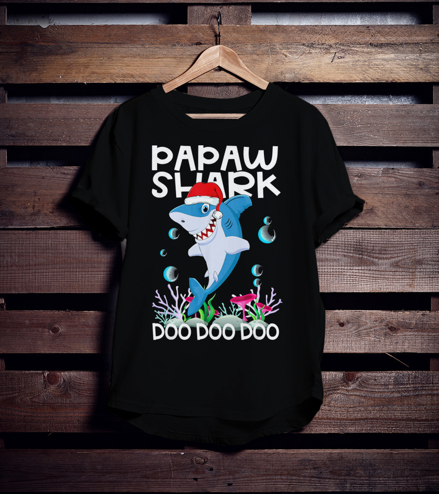 Papaw Shark Doo Doo Doo Santa Hat Coral Bubbles T-Shirt