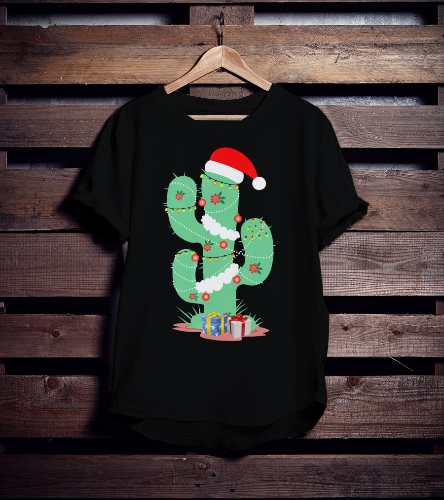 Funny Christmas Cactus With Santa Hat And Presents T-Shirt