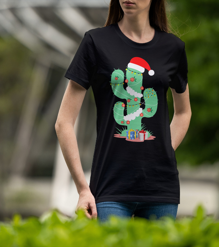 Funny Christmas Cactus With Santa Hat And Presents T-Shirt